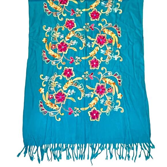 Embroidered Scarf Wrap Shawl Boho Nepal Style Fringed Blue Floral 27 x 72 - Picture 1 of 3